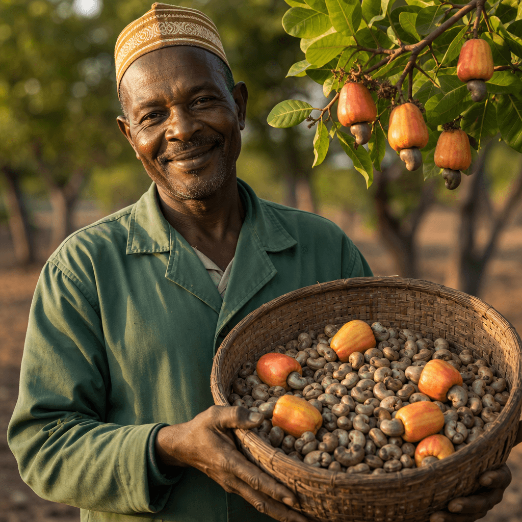 A Tanzanian cashew farmer with a basket of freshly harvested raw cashew nuts