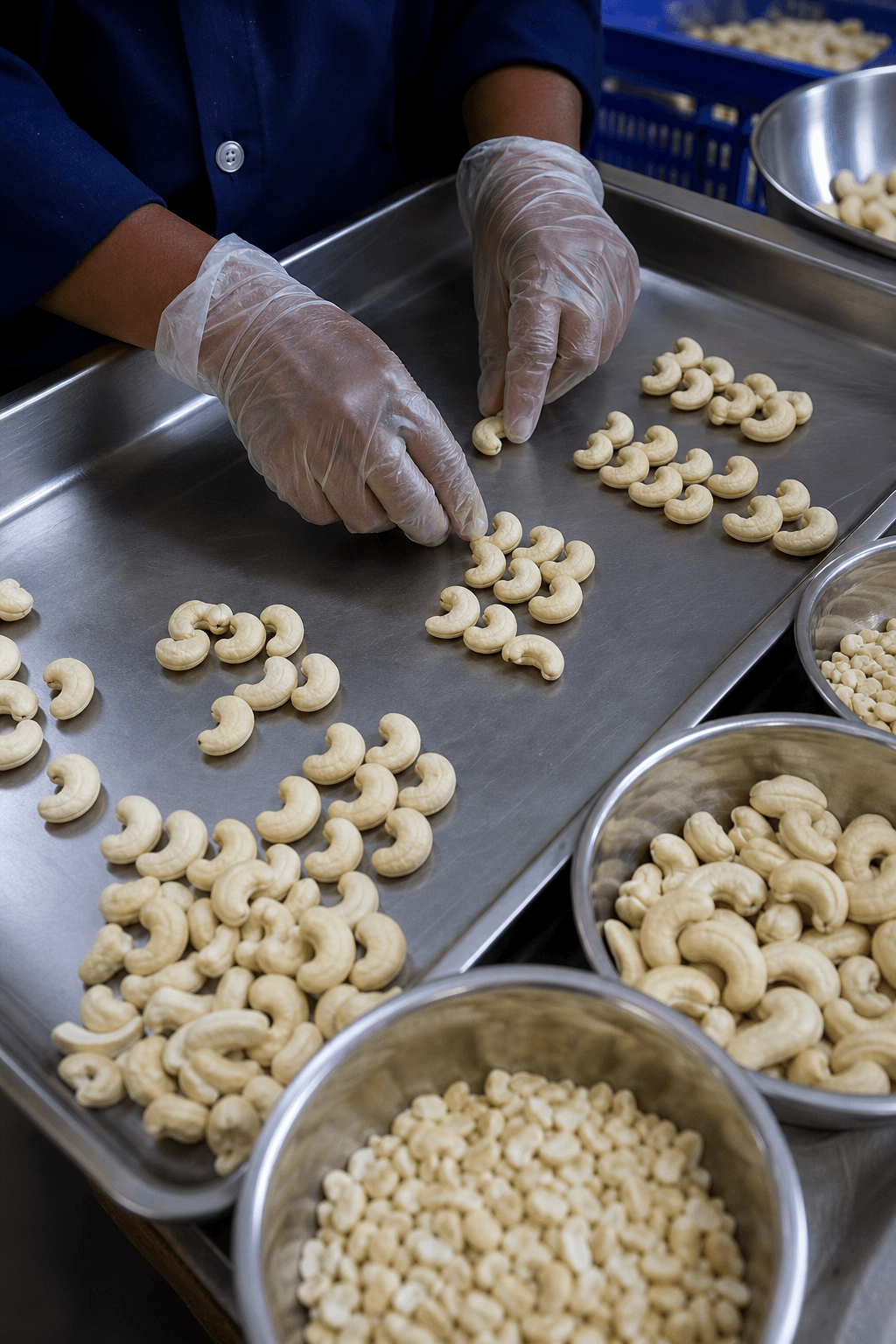 Hands sorting and grading white cashew kernels during quality inspection