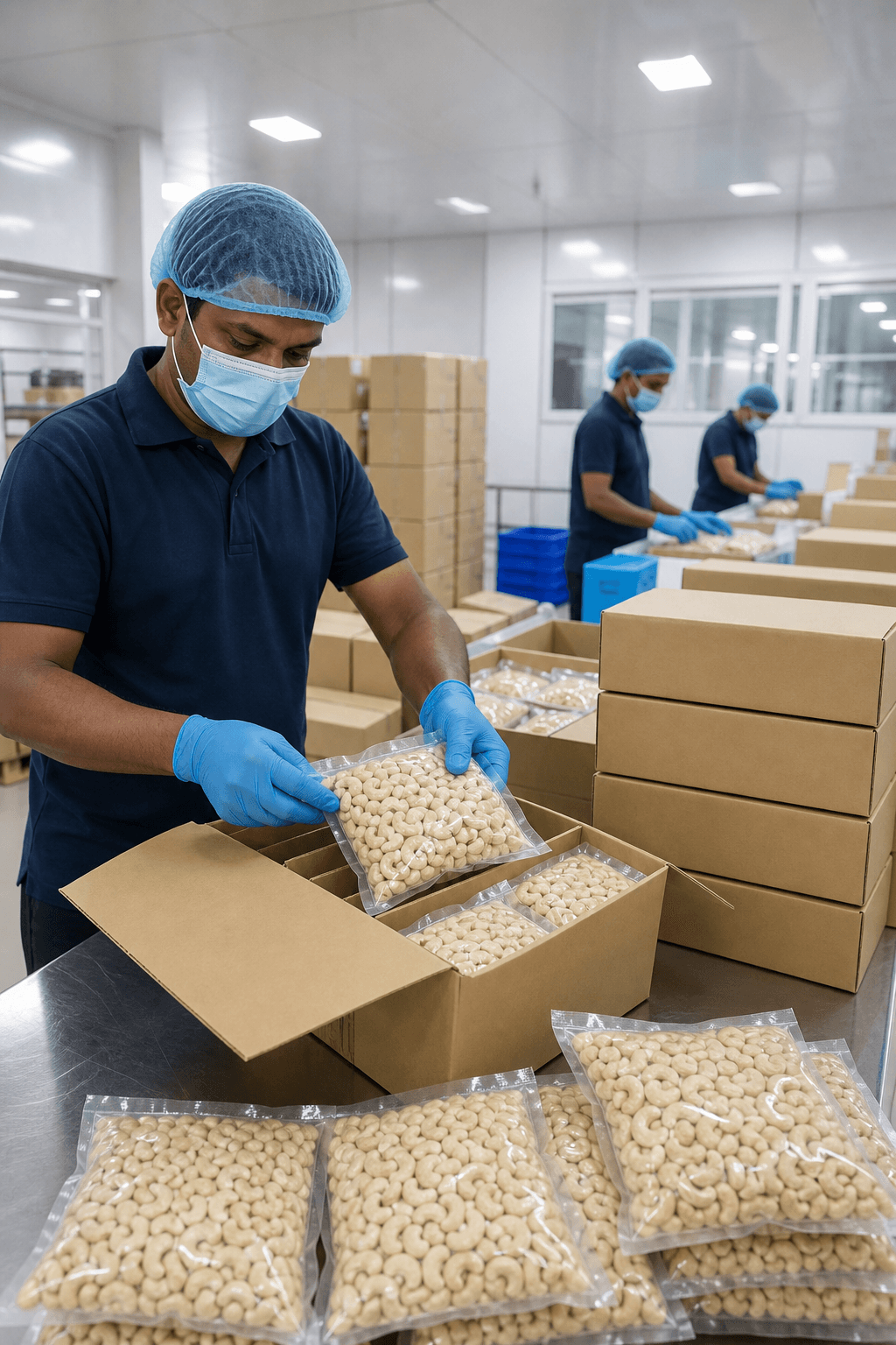Vacuum-sealed cashew pouches and export cartons packed for shipping