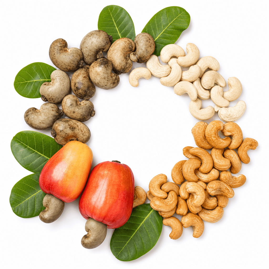 A circular arrangement of raw cashews, kernels and roasted cashews