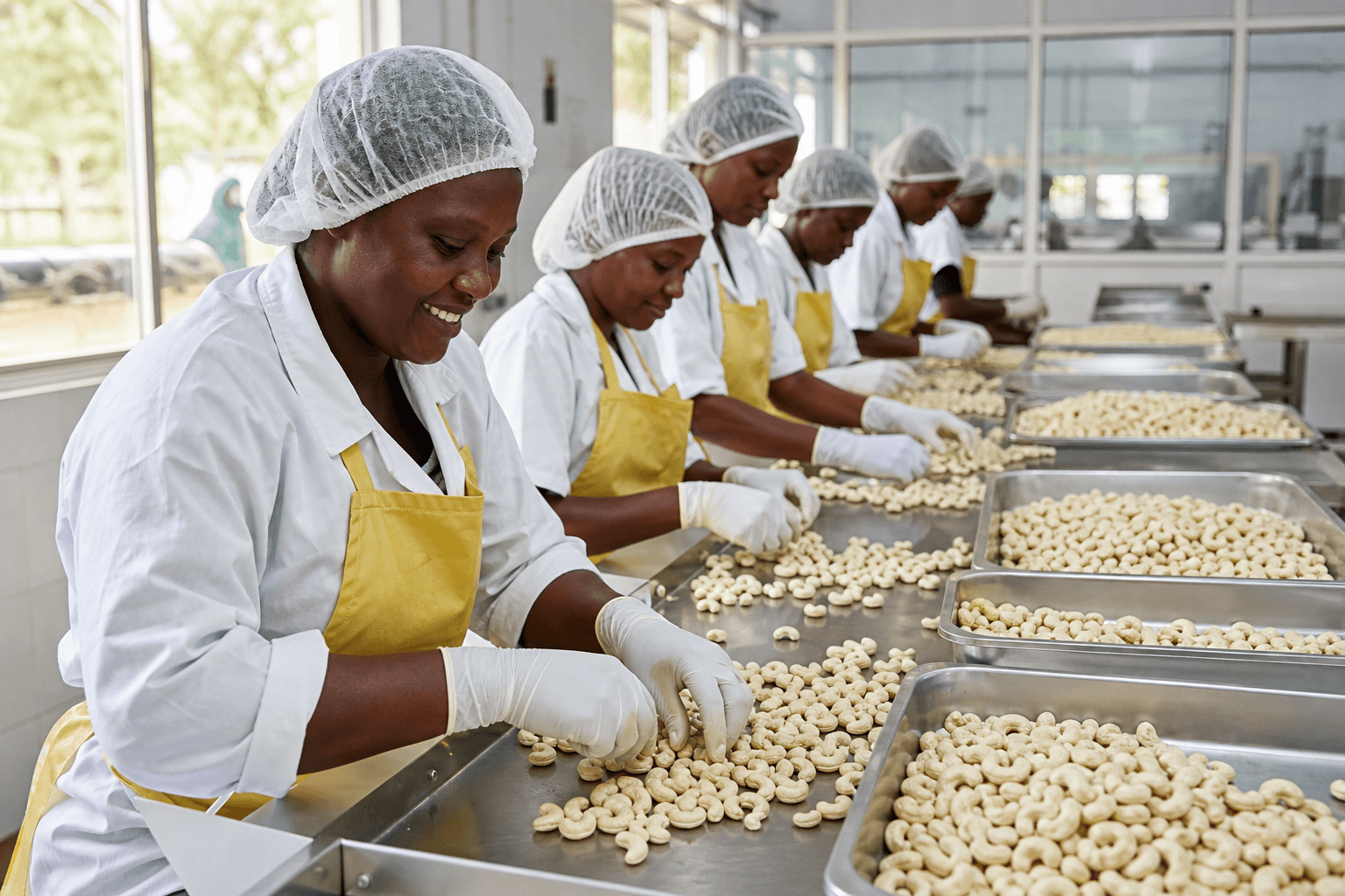 Workers grading white cashew kernels at the Afri Exports facility in Mtwara